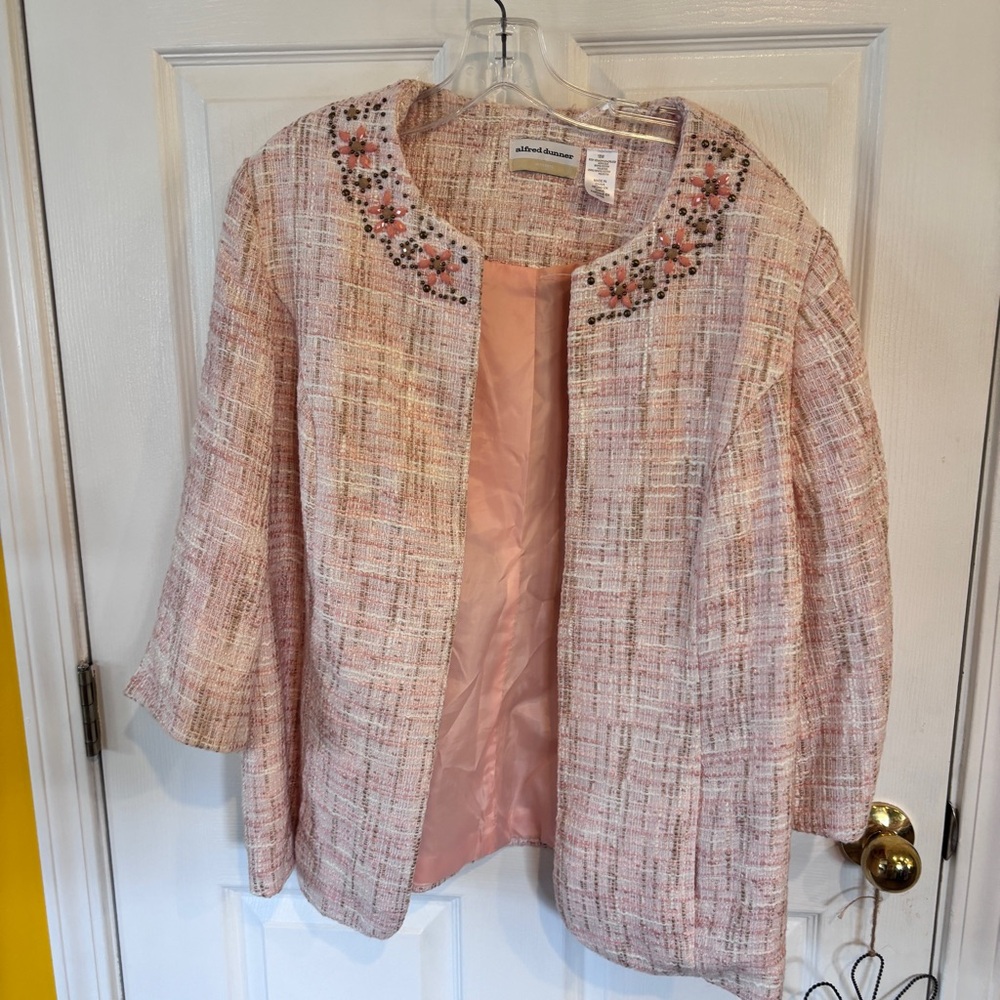 Alfred Dunner Pink Tweed Embellished Collar Blazer